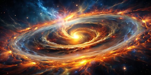 Fototapeta premium Intricate, swirling patterns of gas and dust, illuminated by the quasar's fiery core, evoking a sense of dynamic, cosmic movement and energy.
