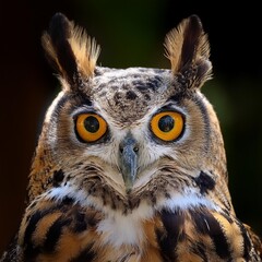 Fototapeta premium Isolated great horned owl with depth of field showcasing large tufts and striking eyes