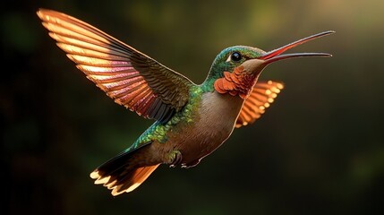Fototapeta premium Hummingbird in Flight Beautiful Bird Green and Red Feathers Wildlife Photography