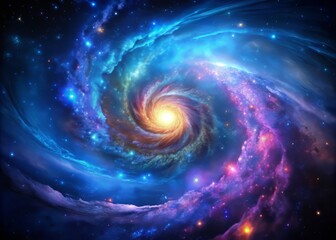 Vibrant blue and purple hues swirl together in a mesmerizing dance, as rays of high-energy particles stream through the galaxy, illuminating the surrounding cosmic landscape with an ethereal glow.