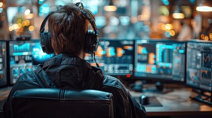 A police officer wearing headphones working on computer at the station with multiple screens