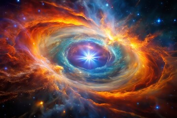 Fototapeta premium Vibrant nebula with swirling clouds of gas and dust illuminating a bright pulsar at its center