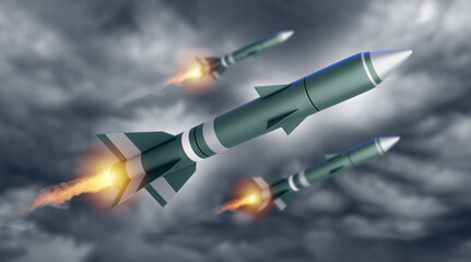 Military missiles are flying in sky. Ballistic rockets strike enemy. Long-range missiles in cloudy sky. Military hypersonic weapon concept. Rockets air defense systems. Ballistic missiles. 3d image