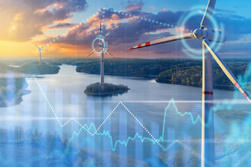 Offshore wind farm. Windmills on artificial islands in lake. Wind turbines are installed in middle...