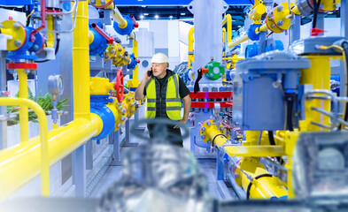 Man employee of chemical plant. Guy stands among pipes in factory building. Man industrialist talking on phone. Chemical factory worker. Industrial enterprise specialist in workshop.