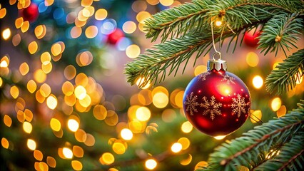 A close-up of a red Christmas ornament with snowflake designs hanging from a pine branch, with a warm, bokeh-filled background of golden lights.