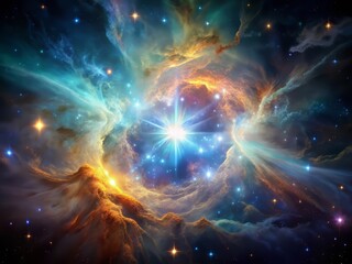 Fototapeta premium Glowing, iridescent depiction of a nebula, pulsing with new star life, amidst a vast, starry expanse, capturing the dynamic beauty of cosmic birth.