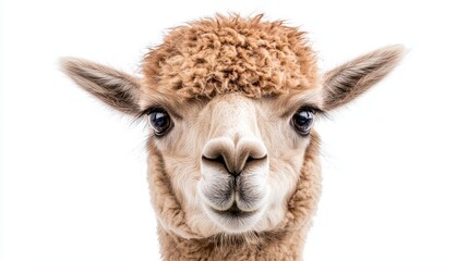 Fototapeta premium Close-Up Portrait of a Cute Alpaca on a White Background - Adorable Animal Photography for Stock Images