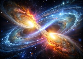 Obraz premium Spectacular merger of two quasars, unleashing a torrent of newly formed stars and cosmic debris