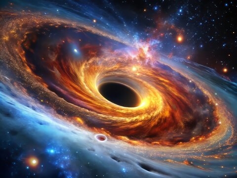 Spectacular close-up of a galaxy's central black hole, its event horizon blazing with superheated gas, surrounded by a swirling disk of accreting matter.