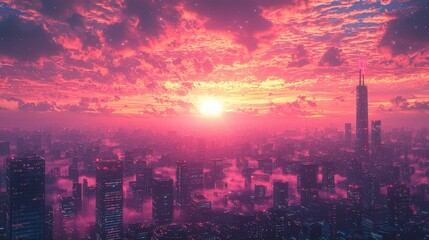 Fototapeta premium Futuristic Cityscape at Sunset with Pink Clouds and Stars