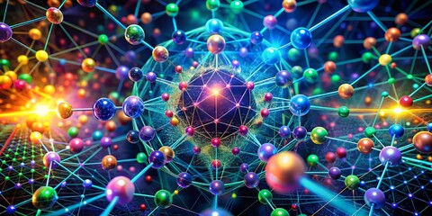 Obraz premium Electrons dance across a grid of atoms, emitting a kaleidoscope of colors as they transfer energy from one molecule to another.