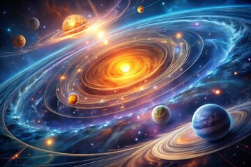 Obraz premium Illuminated, swirling vortexes represent the dynamic flow of energy between celestial bodies in a stunning cosmic scene.