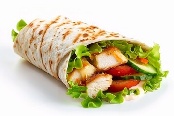 Crispy chicken wrap with lettuce, melted Mozzarella, yellow or honey sauce, tortilla wrap with chicken and vegetables isolated on white
