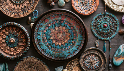 A collection of mandalas, dreamcatchers, and earthy tones, with intricate patterns and a warm, laid-back atmosphere