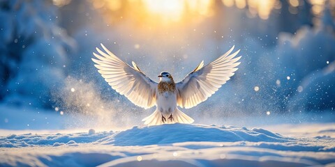 Obraz premium A white bird with its wings spread wide soars through the air as snow falls around it, backlit by the warm glow of the setting sun.