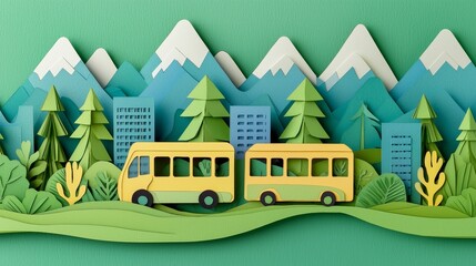 Fototapeta premium Colorful Paper Art Depiction of Modern Urban and Natural Landscape with Buses and Mountains