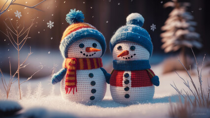 Knitted Snowmen Figurines in Winter Scene