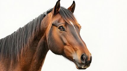 Beautiful Brown Horse with Black Mane on White Background - Close-Up Portrait of Majestic Equine Animal