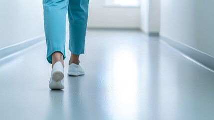 Fototapeta premium Healthcare Professional Walking Down Hospital Corridor in Scrubs and White Shoes, Symbolizing Dedication and Hard Work in Medical Field