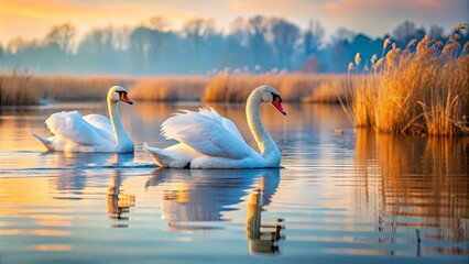 Two Elegant Swans Glide Across a Still Lake at Sunset, Their White Feathers Gleaming in the Golden Light