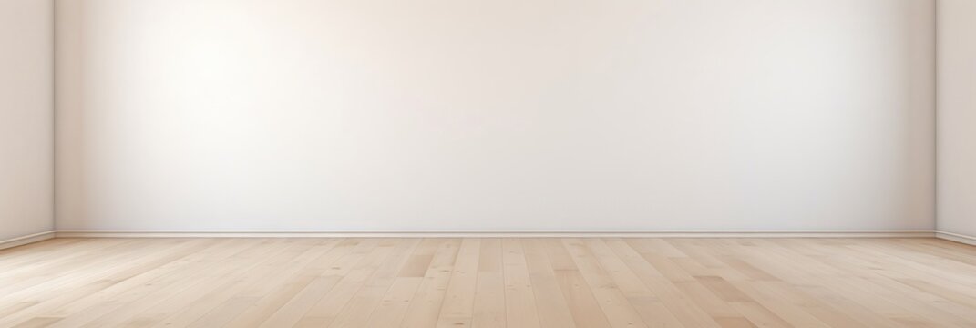 Empty white room with white wall and brown wooden floor. Studio or office blank space. Empty template for interior product. Minimalistic style. Background for branding design showcase with copy space