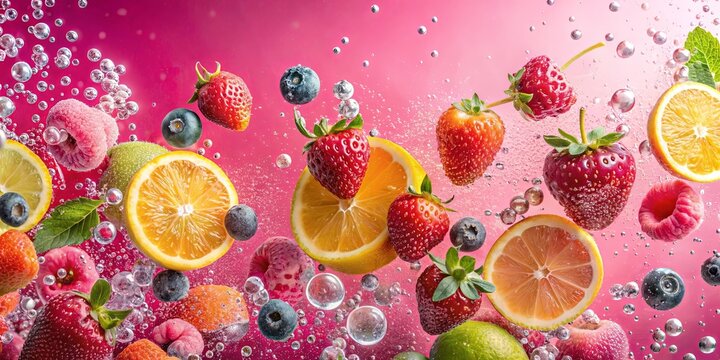 A vibrant mix of fresh fruit floating in a pink liquid, creating an effervescent and colorful display.