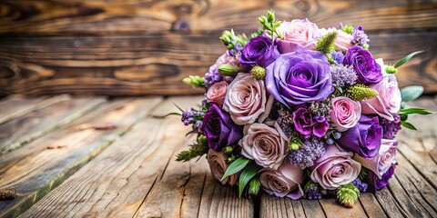 A vibrant bouquet of purple and pink roses arranged on a rustic wooden surface, a celebration of beauty and nature's artistry.