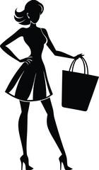 Stylish woman holding shopping bag silhouette vector icon, illustration on black and white. 