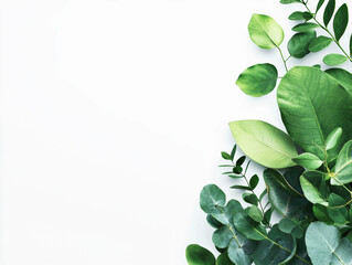 Obraz premium A beautiful arrangement of vibrant green leaves in different shapes and sizes, positioned on the right side of a clean, minimalist white background.