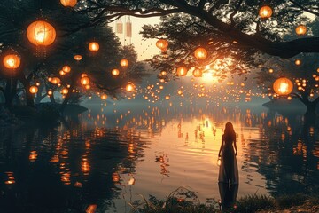 Fototapeta premium mysterious woman in a vintage dress, standing in an eerie forest at dusk,