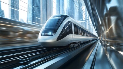 Fototapeta premium Modern High-Speed Train Traveling Through a Tunnel in a City
