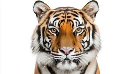 Fototapeta premium Majestic Bengal Tiger Staring Directly at Camera on White Background - High-Resolution Wildlife Photography
