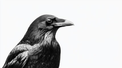 Fototapeta premium Close-Up Portrait of a Majestic Black Raven on a White Background Highlighting Its Detailed Feathers and Sharp Beak