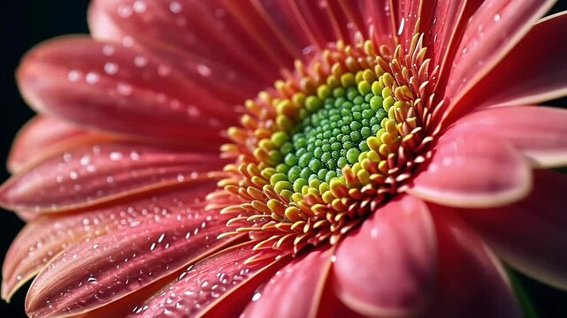 Close-up of a pink gerbera daisy with water droplets.