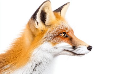 Close-Up Profile of a Red Fox on a White Background - Detailed Fur and Whiskers