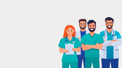 Fototapeta premium Group of Healthcare Professionals and Nurses Smiling in Hospital Setting, Medical Team Concept, Modern Healthcare and Nursing Illustration