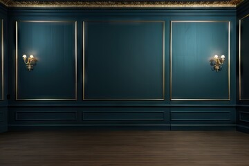 Empty white room with blue wall decorated with plaster moldings and wooden floor. Studio or office blank space. Empty template for interior product. Background for branding design showcase