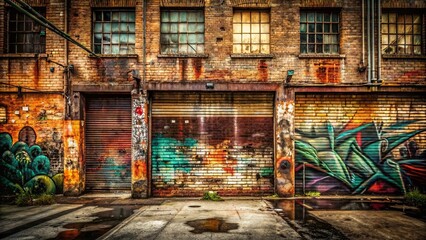 Fototapeta premium An urban facade with a brick wall, faded paint, and a metal garage door, the scene is punctuated by a splash of colorful graffiti.