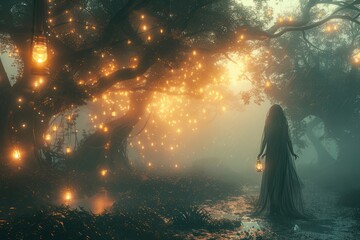woman holding a lantern in a dark forest
