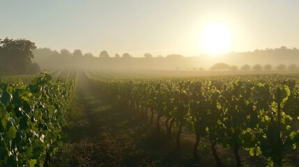 Naklejka premium Sunrise over Vineyard with Mist