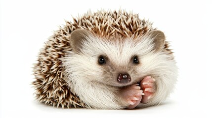 Obraz premium Adorable Hedgehog Curled Up on White Background - Cute and Spiky Animal Portrait for Stock Photography