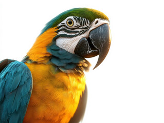Fototapeta premium A vibrant 3D illustration of a macaw parrot with striking blue, yellow, and green feathers, perched against a white background, showcasing the bird's intricate feather details and majestic beak.