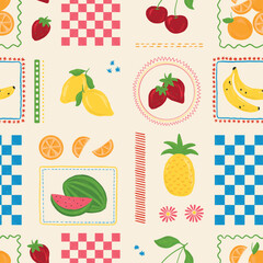Picnic fruits seamless pattern, summer, vacation, cherry, lemon, orange, watermelon, pineapple, banana, strawberries vector hand draw, background, print, textile, fashion, fabric, wallpaper