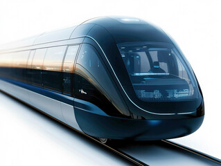 Obraz premium A sleek, futuristic magnetic levitation train with tinted windows and a reflective black surface, gliding smoothly on rails, representing cutting-edge technology and speed.