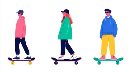 Trendy Youth Skateboarding in Colorful Hoodies and Caps - Vector Illustration of Three Young People on Skateboards