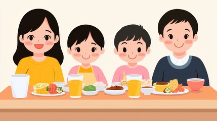 Happy Middle Class Family Enjoying a Meal Together at Home, Smiling Parents and Children, Modern Lifestyle, Warm Family Bonding