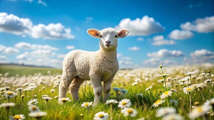 Obraz premium A fluffy white lamb stands in a field of blooming daisies under a bright blue sky with fluffy white clouds.