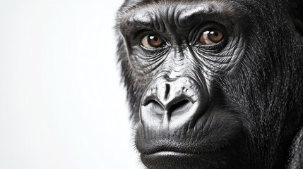 Obraz premium Close-Up Portrait of a Gorilla on White Background Highlighting Detailed Facial Features and Expressive Eyes