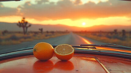 Lime resting dashboard of a classic car during a road trip through the desert with the sun setting in the distance creating a scene of adventure and spontaneity Scientific name Citrus aurantiifolia
